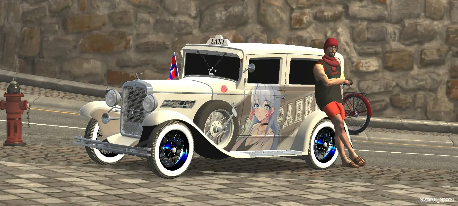 Classic cream vintage taxi with anime custom front three-quarter view