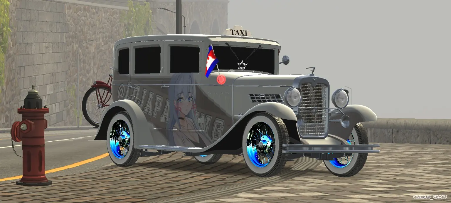 Classic cream vintage taxi with anime custom front view