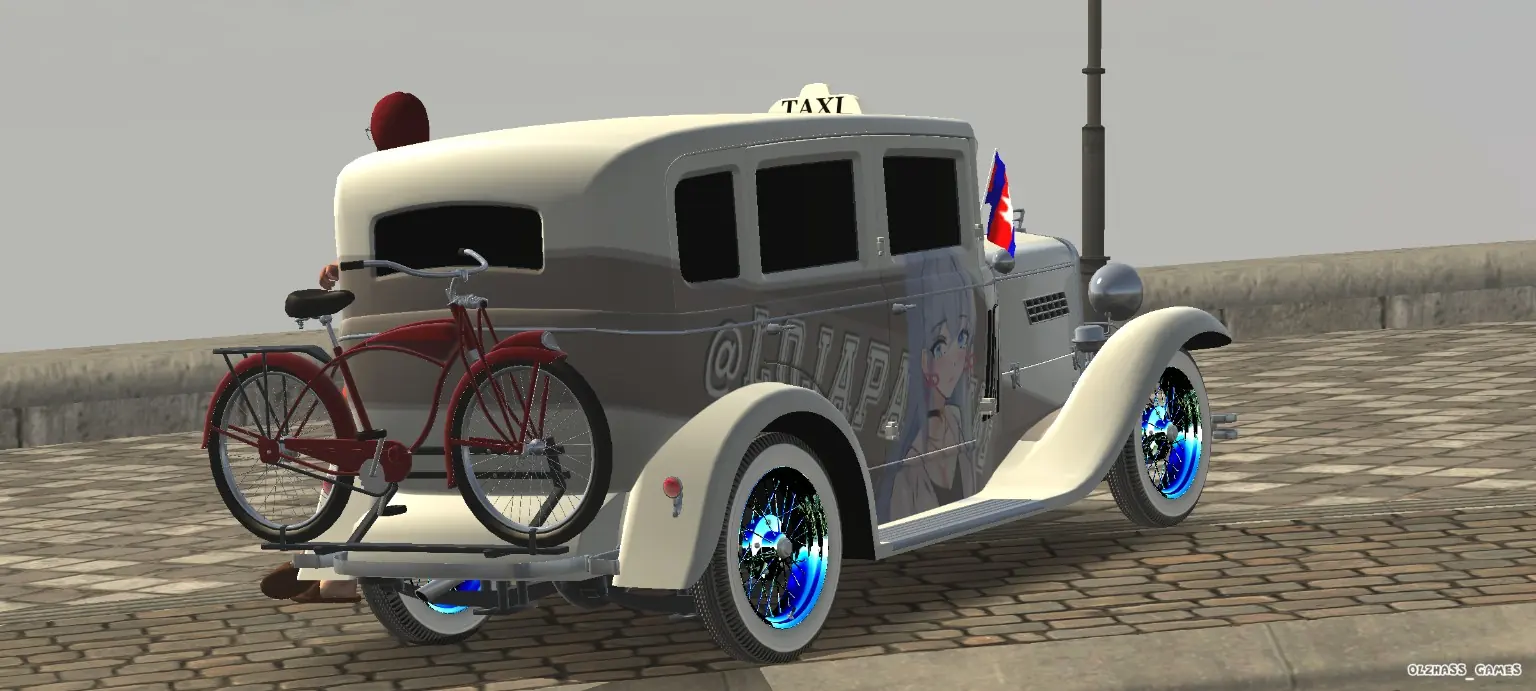 Classic cream vintage taxi with anime custom rear view and bicycle