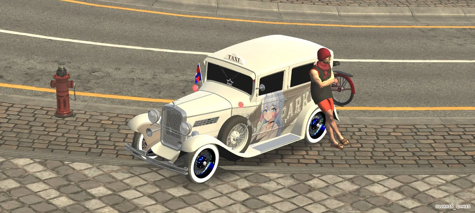 Classic cream vintage taxi with anime custom top view