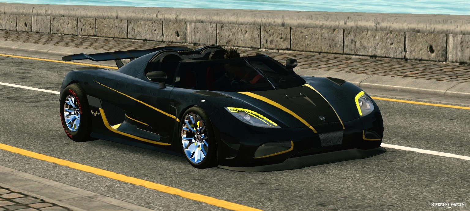 Black carbon hypercar with yellow accents front three-quarter view