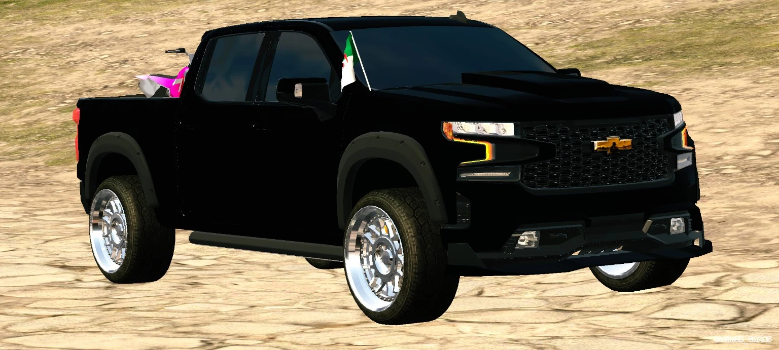 Black custom pickup truck front three-quarter view